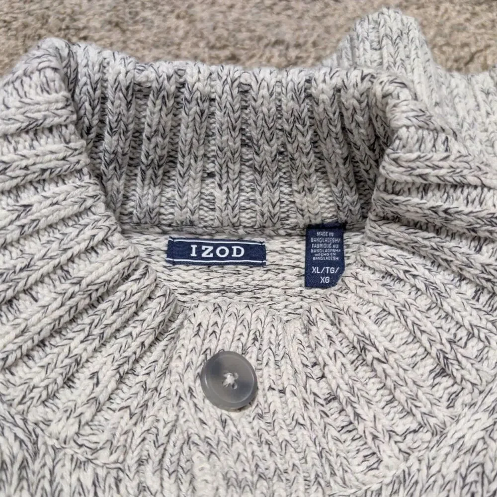 Izod Whisper White Marled Knit Mock Neck Cotton Sweater Quarter Button New‎ XL